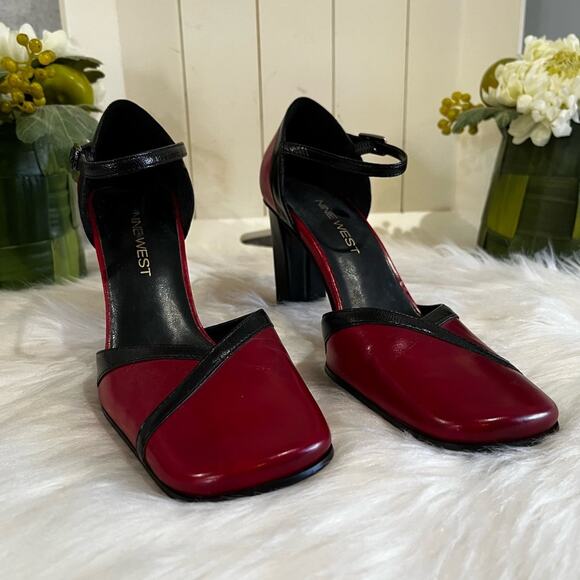 NEW Nine West Leather Y2K Two Tone Square Chunky Heel Ankle Wrap Pump 5.5 NWOT - Picture 4 of 15